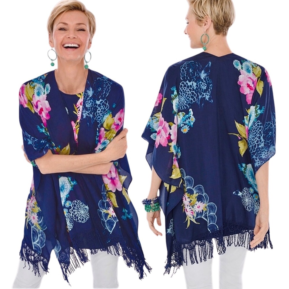 CHICO’S Blue Floral Party Garden Ruana